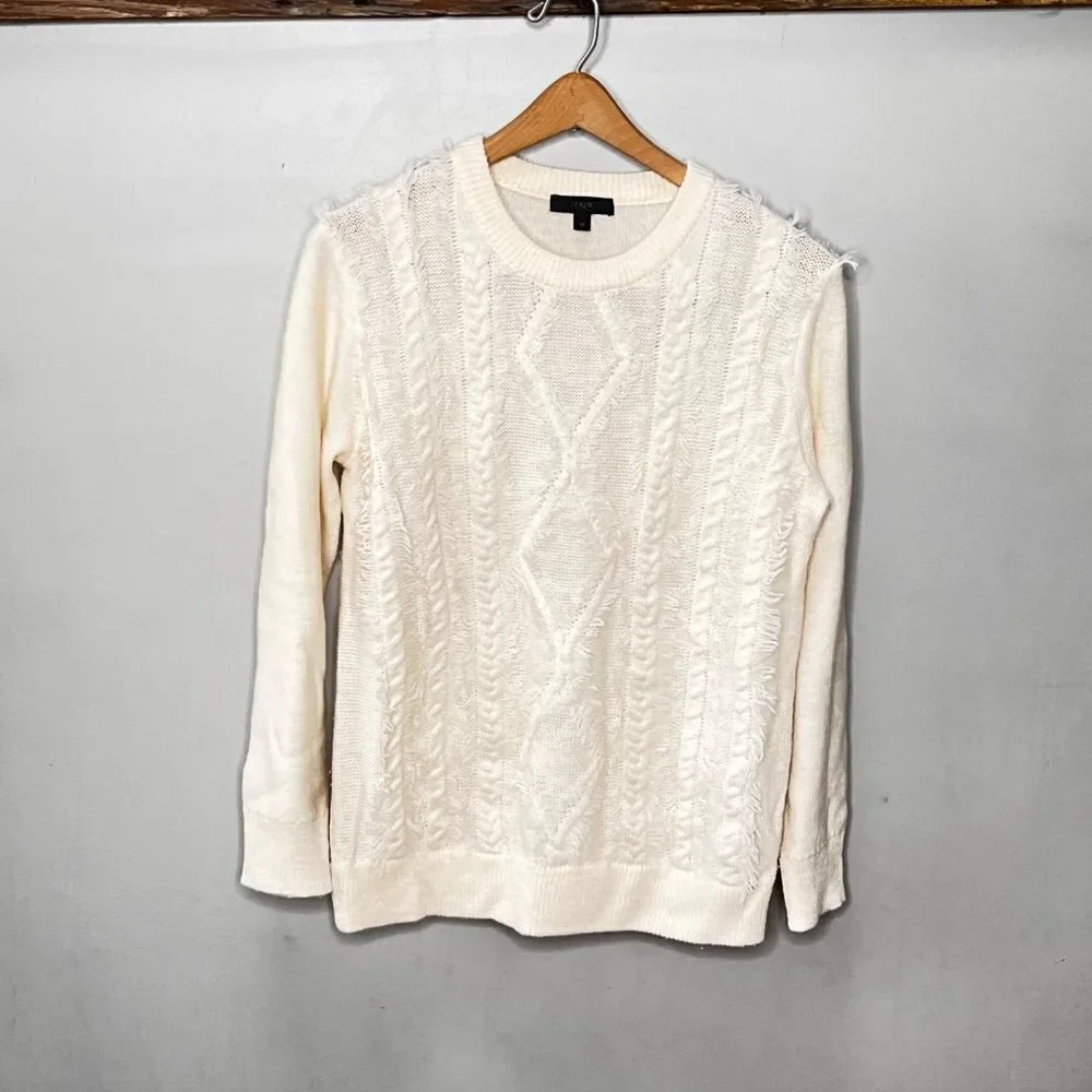 J.‎ Crew Cable Crewneck Fringe Merino Wool Cream Sweater Medium
